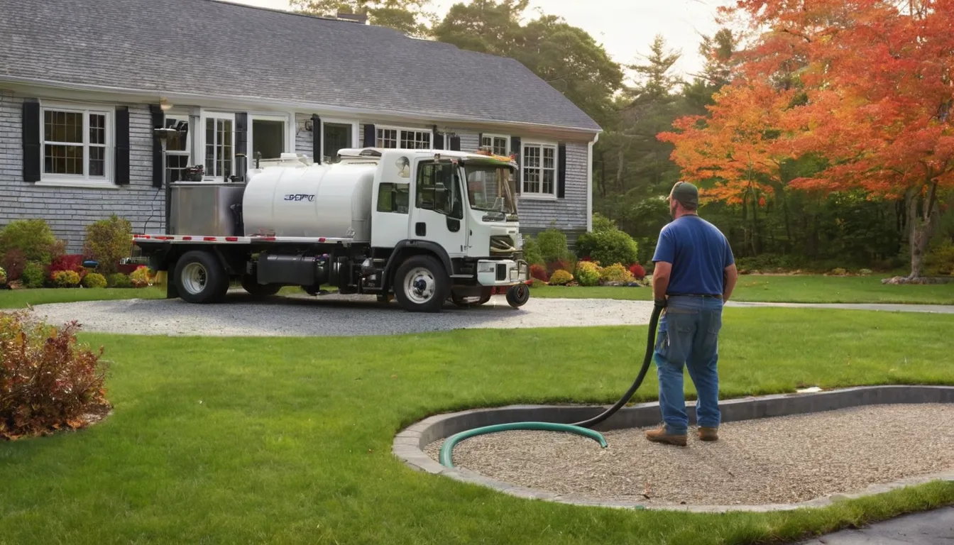 Friendly septic provider checking an open tank lid in the yard of an older home near Stamford